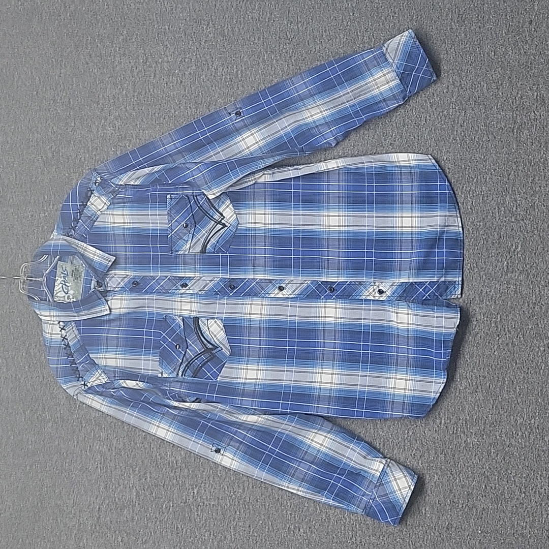 Men's Chalc Western Shirt Size Large Blue Plaid Long & Roll Tab Sleeve